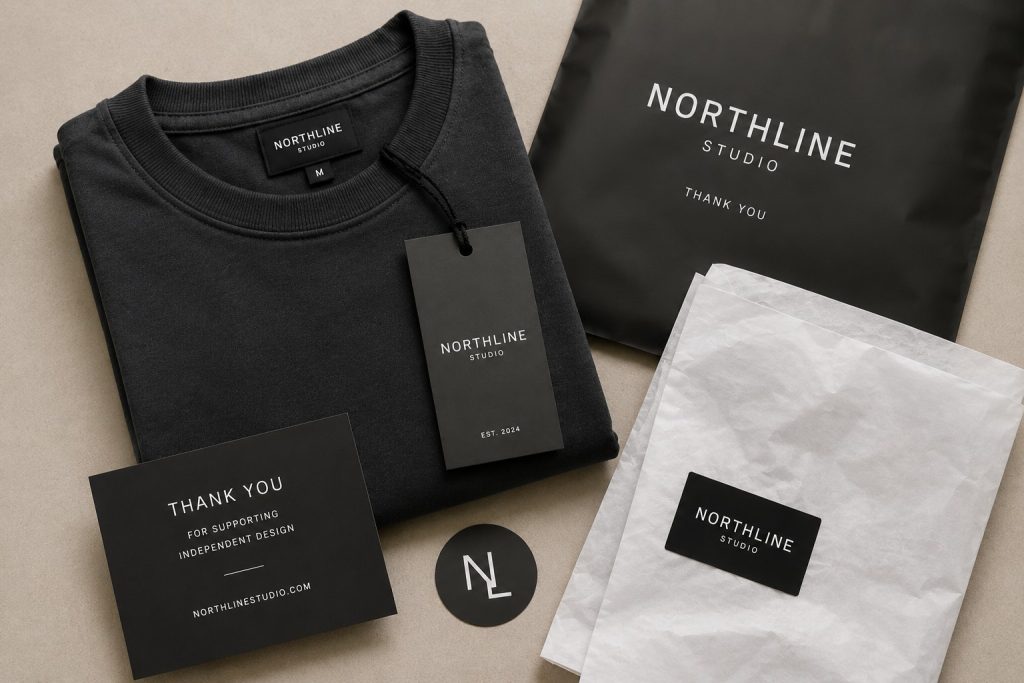 Professional apparel branding flat lay featuring custom woven labels, hang tags, branded packaging, and folded clothing