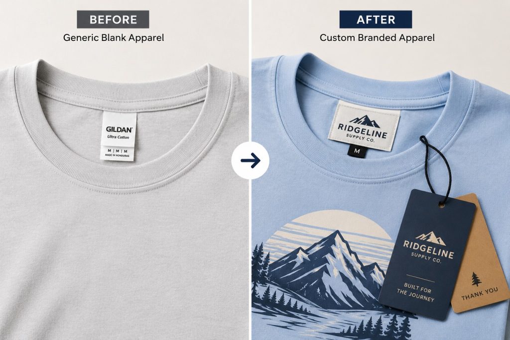 Before and after comparison showing generic blank apparel transformed into custom branded clothing with woven labels, screen printing, and hangtags.