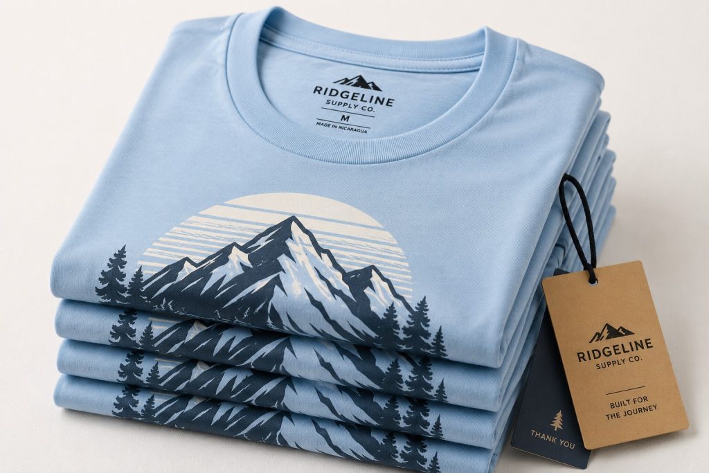 Stack of folded light blue t-shirts with custom screen printed design, branded neck label, and paper hangtags for apparel rebranding.