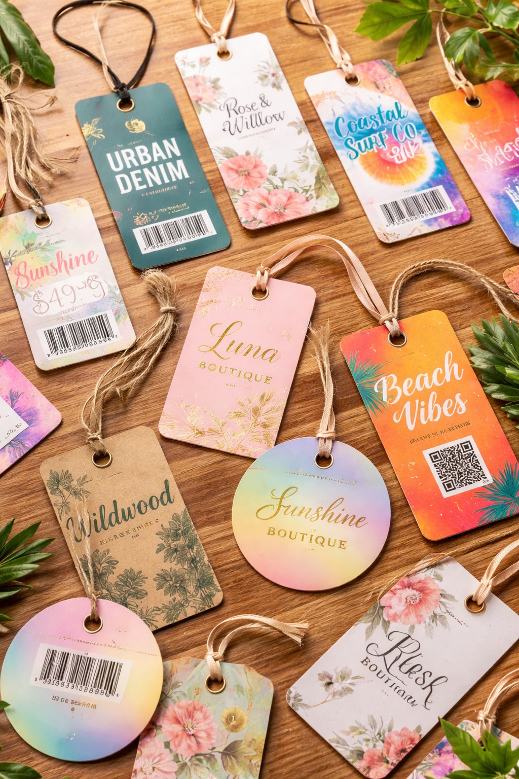 Colorful custom hangtags with branding, barcodes, and different shapes used for retail clothing labels
