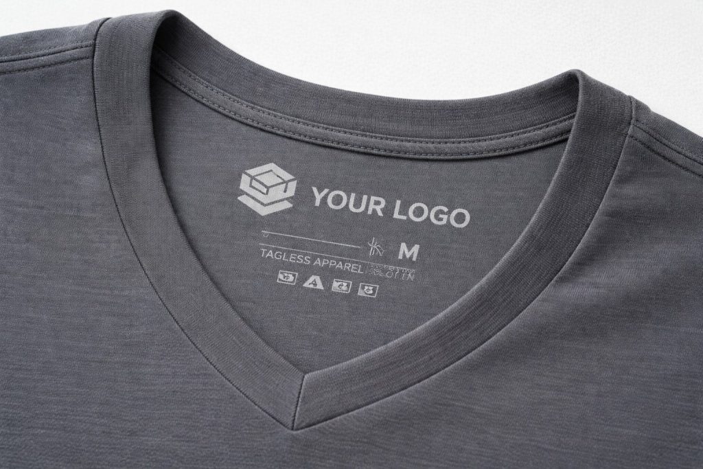 light gray heat transfer label on medium gray v-neck t-shirt showing tagless clothing branding