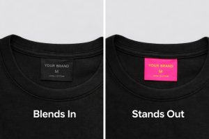 Side by side comparison of matching and contrasting clothing labels on black t-shirts showing brand visibility difference