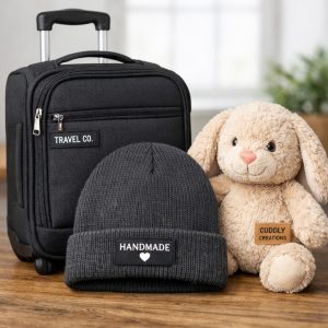 woven labels on non clothing items including a rolling suitcase, knit beanie hat, and stuffed animal