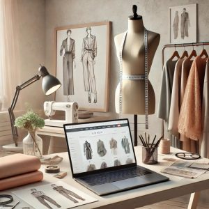 Modern fashion design studio with a mannequin, fashion sketches, fabric samples, and a laptop, representing creativity, branding, and professional resources for clothing designers.