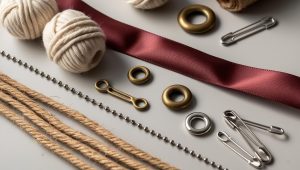 Assorted custom hangtag add-ons including jute strings, satin ribbons, safety pins, and metal eyelets, displayed on a neutral background.