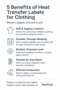Infographic listing five benefits of heat transfer labels for clothing, including comfort, durability, premium appearance, fabric flexibility, and production efficiency.