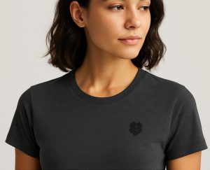 Woman wearing a modern black t-shirt with a smooth neckline and no visible tag, representing tagless comfort and minimalist apparel branding.