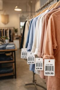 Clothing rack inside a small boutique with barcoded retail price tags hanging from garments