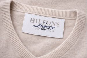 Woven label sewn into the back neckline of a men’s cashmere sweater