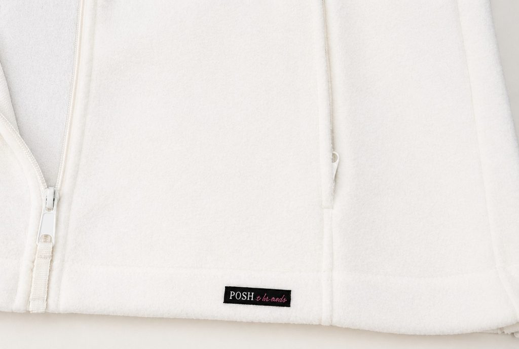 woven label on bottom hem for clothing branding