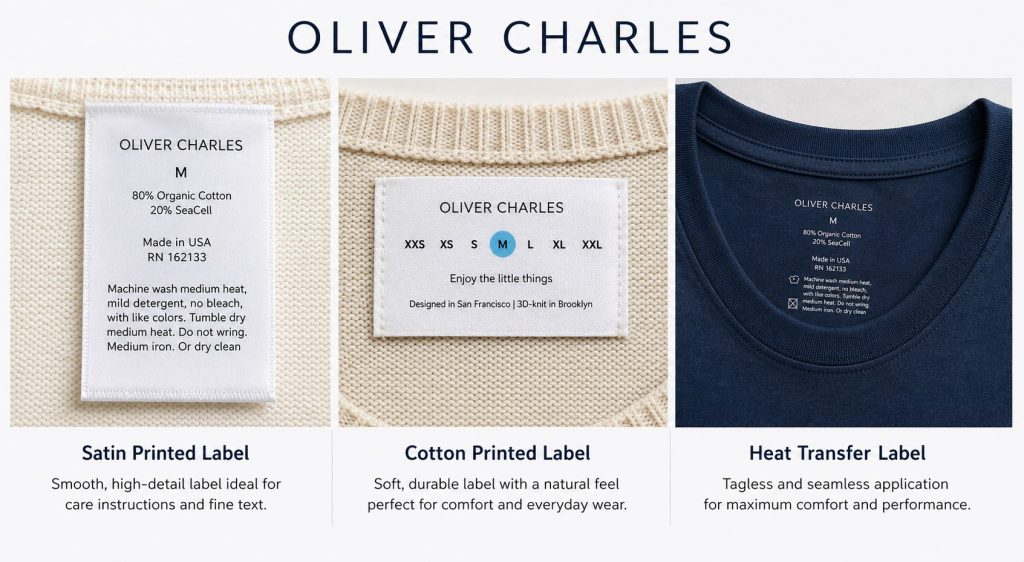 Comparison of satin printed labels, cotton printed labels, and heat transfer clothing labels used for apparel branding